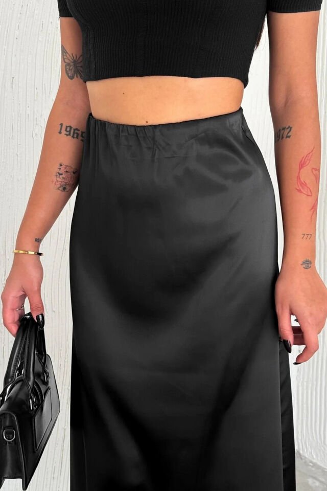 Kadın Saten Yüksek Bel 88cm Dokulu Etek L - SİYAH