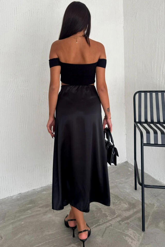 Kadın Saten Yüksek Bel 88cm Dokulu Etek L - SİYAH