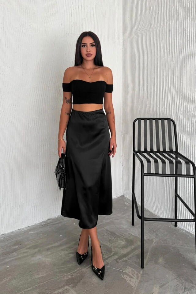 Kadın Saten Yüksek Bel 88cm Dokulu Etek XL - SİYAH