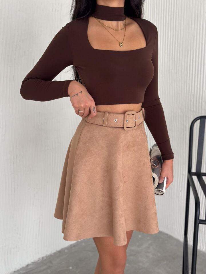 Kadın Kemerli Kloş Süet Etek 2423 L - BEJ