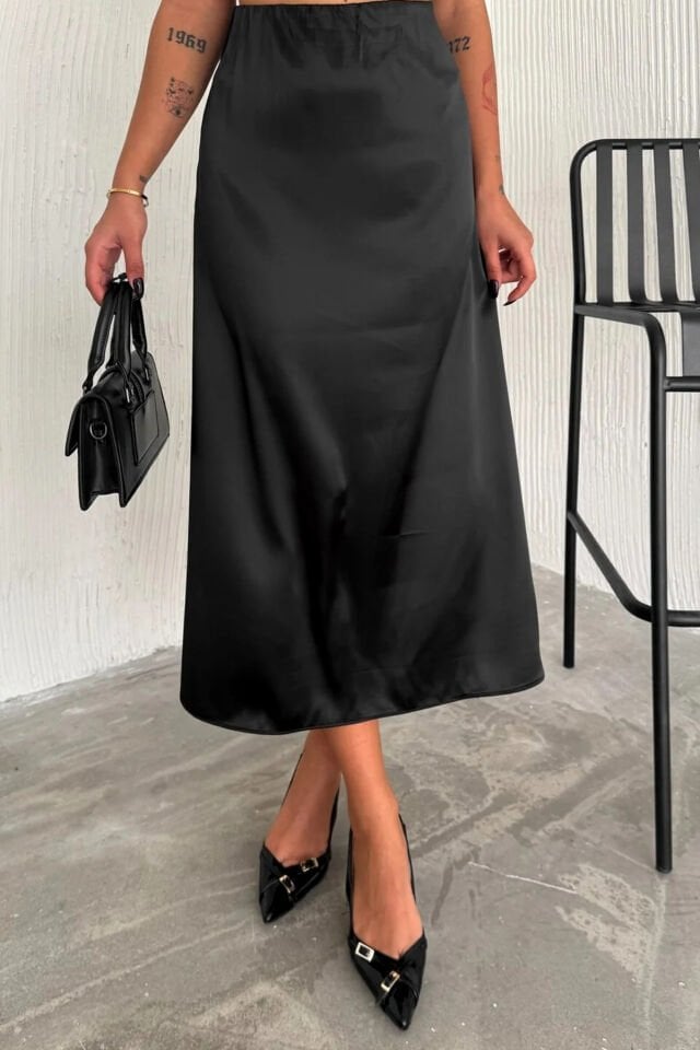Kadın Saten Yüksek Bel 88cm Dokulu Etek XL - SİYAH