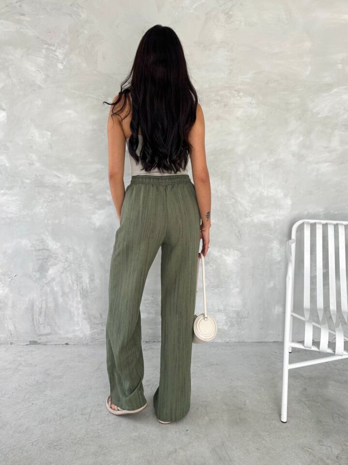 Kadın Haki Yeşili Beli Lastikli Bol Paça Wide lige Eskitme Keten Pantolon XL