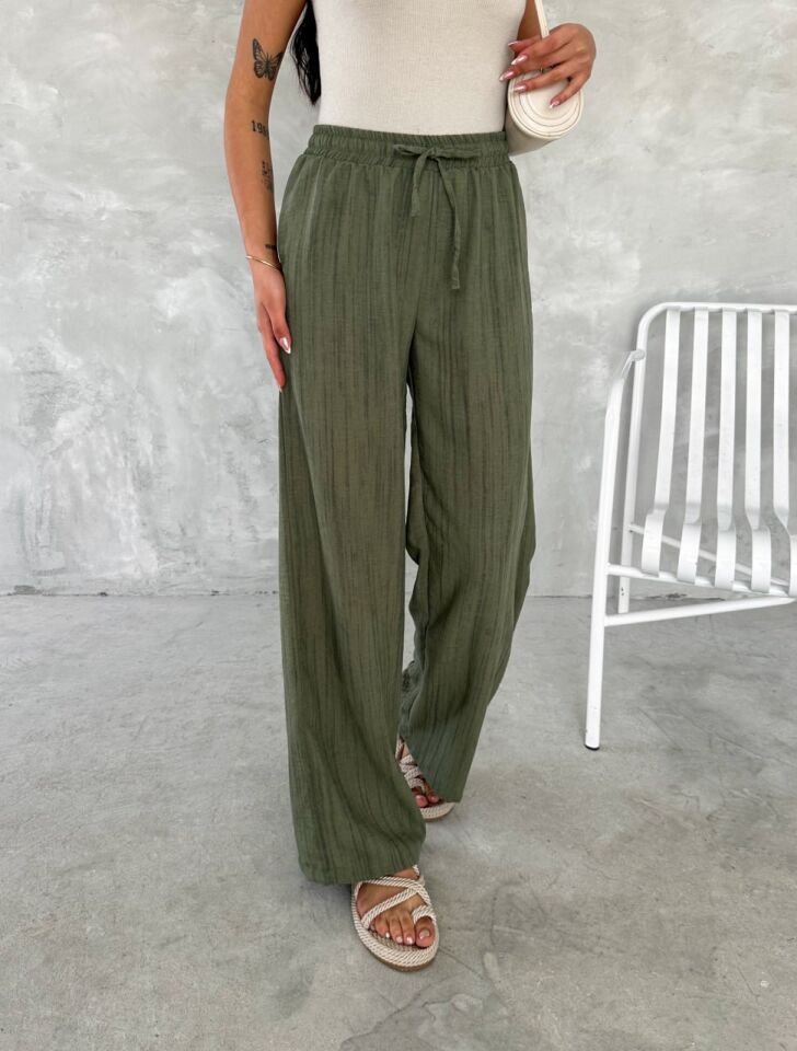 Kadın Haki Yeşili Beli Lastikli Bol Paça Wide lige Eskitme Keten Pantolon XL