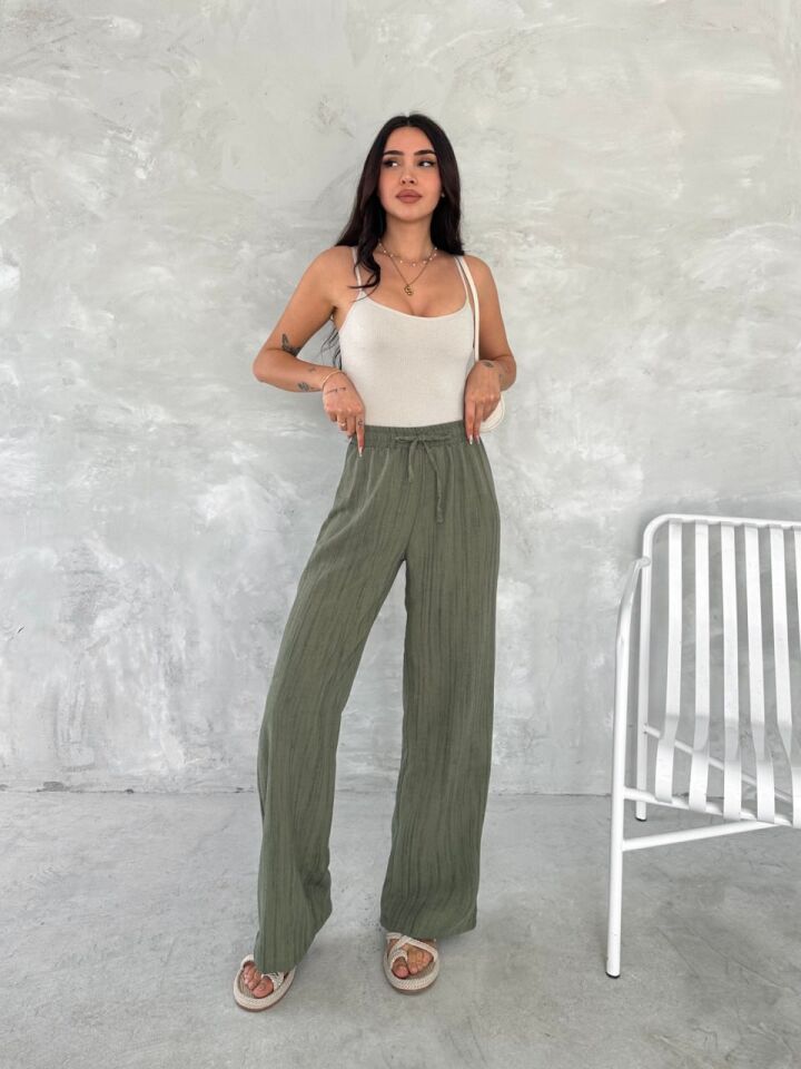 Kadın Haki Yeşili Beli Lastikli Bol Paça Wide lige Eskitme Keten Pantolon XL
