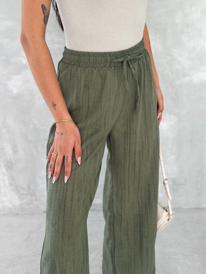 Kadın Haki Yeşili Beli Lastikli Bol Paça Wide lige Eskitme Keten Pantolon XL