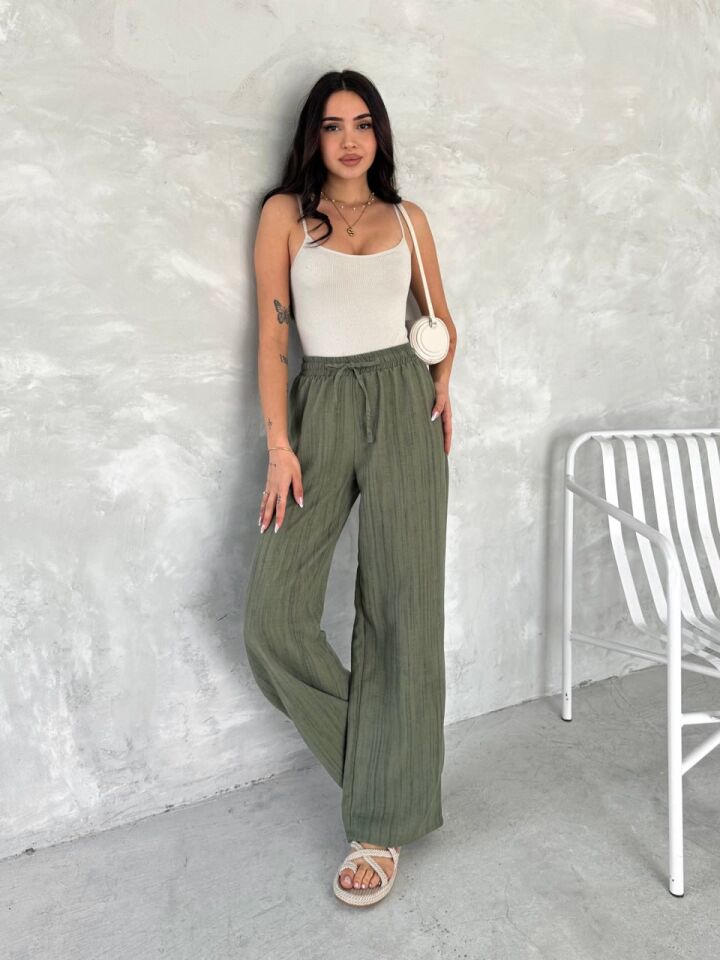 Kadın Haki Yeşili Beli Lastikli Bol Paça Wide lige Eskitme Keten Pantolon XL