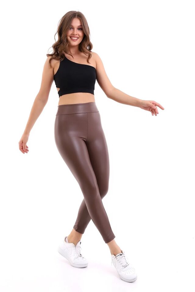 Kadın Suni Deri İçi Kürklü  Tayt XL - KAHVERENGİ