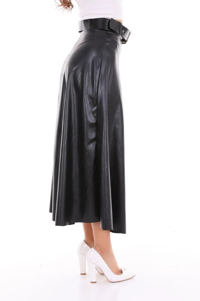 Kadın Suni Deri Uzun Kloş Etek M - SİYAH