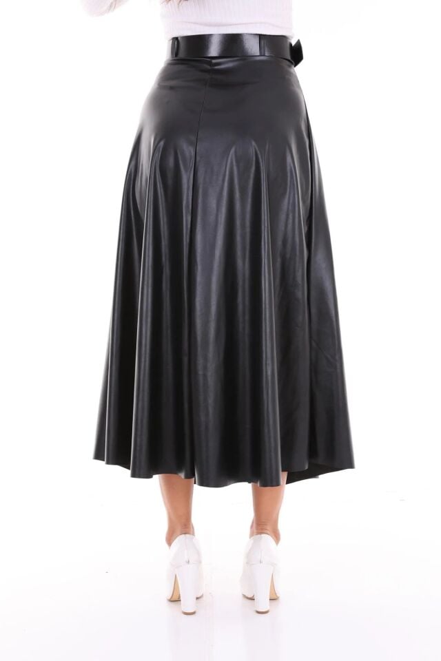 Kadın Suni Deri Uzun Kloş Etek M - SİYAH