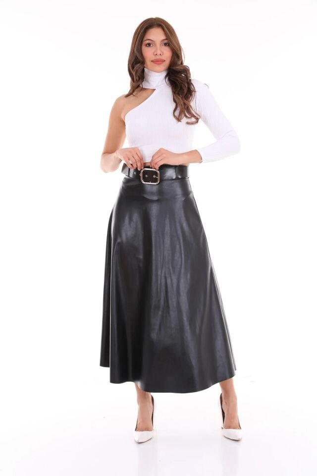 Kadın Suni Deri Uzun Kloş Etek M - SİYAH