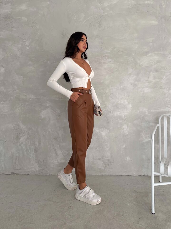 KEMERLİ DERİ PANTOLON-SUNİ DERİ PANTOLON/ KADIN DERİ PANTOLON-2206 TABA - XL