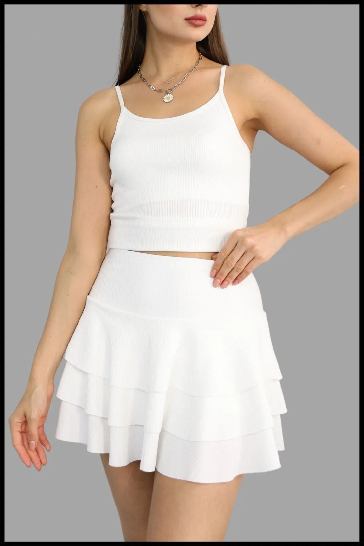Kadın İçi Taytlı Kısa Fırfırlı Model Etek BEYAZ - L