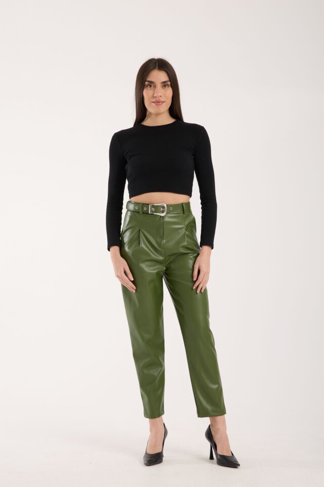 KEMERLİ DERİ PANTOLON-SUNİ DERİ PANTOLON/ KADIN DERİ PANTOLON-2206 YEŞİL - 2XL