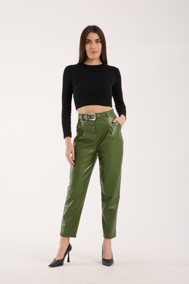 KEMERLİ DERİ PANTOLON-SUNİ DERİ PANTOLON/ KADIN DERİ PANTOLON-2206 YEŞİL - 2XL