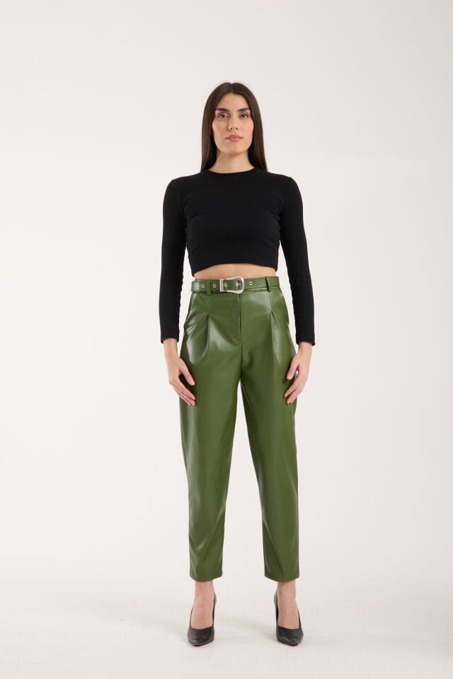 KEMERLİ DERİ PANTOLON-SUNİ DERİ PANTOLON/ KADIN DERİ PANTOLON-2206 YEŞİL - 2XL