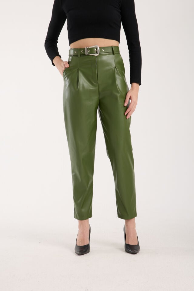 KEMERLİ DERİ PANTOLON-SUNİ DERİ PANTOLON/ KADIN DERİ PANTOLON-2206 YEŞİL - 2XL