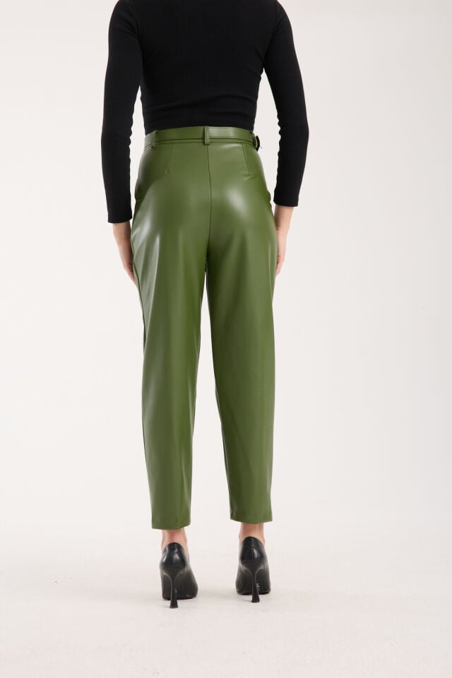 KEMERLİ DERİ PANTOLON-SUNİ DERİ PANTOLON/ KADIN DERİ PANTOLON-2206 YEŞİL - 2XL