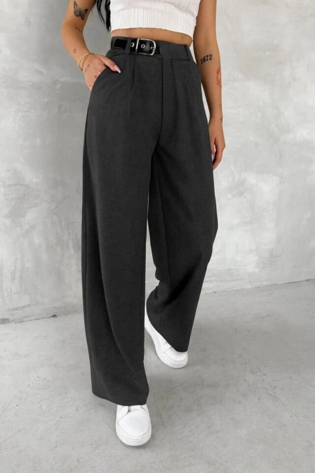 Kadın Yan Kemerli Toka Detaylı Baggy Kumaş Pantolon 2492 M - KOYU GRİ