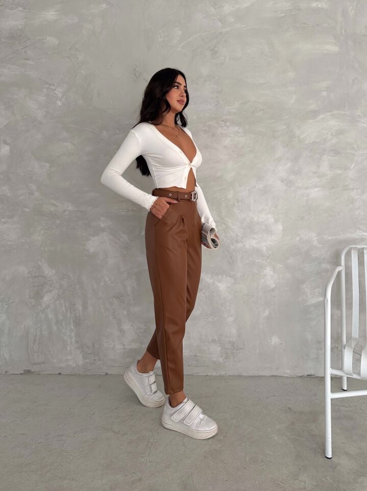 KEMERLİ DERİ PANTOLON-SUNİ DERİ PANTOLON/ KADIN DERİ PANTOLON-2206 TABA - 2XL