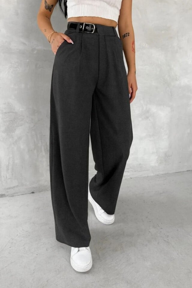 Kadın Yan Kemerli Toka Detaylı Baggy Kumaş Pantolon XL - KOYU GRİ