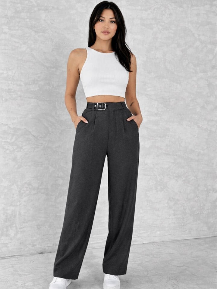 Kadın Yan Kemerli Toka Detaylı Baggy Kumaş Pantolon 2492 XL - KOYU GRİ