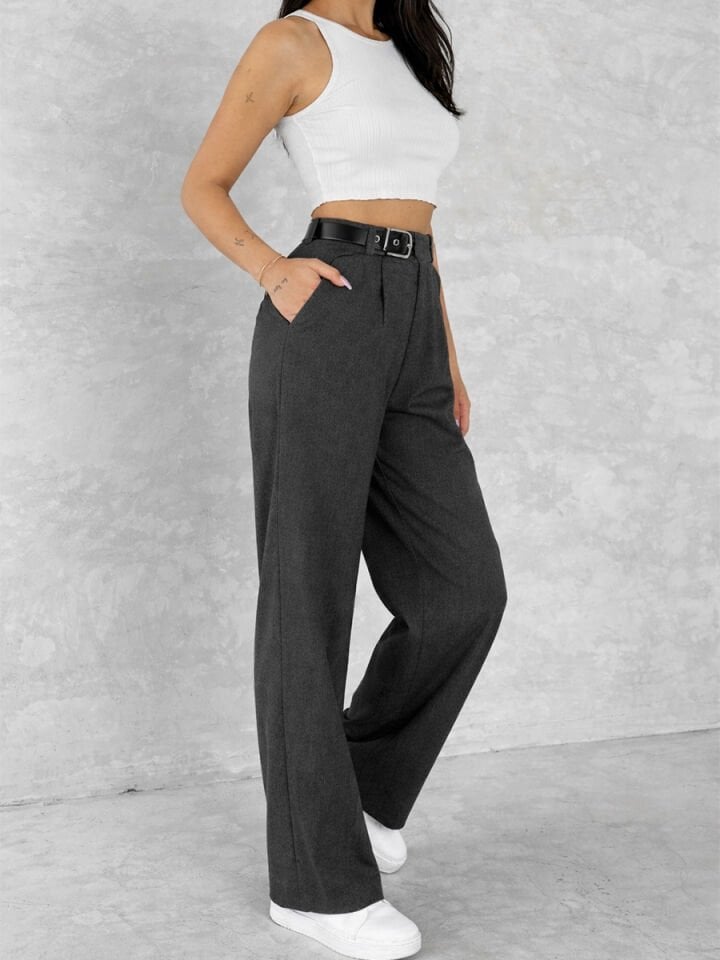 Kadın Yan Kemerli Toka Detaylı Baggy Kumaş Pantolon 2492 XL - KOYU GRİ