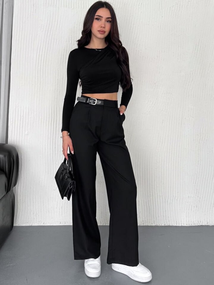 Kadın Yan Kemerli Toka Detaylı Baggy Kumaş Pantolon 2492 L - SİYAH