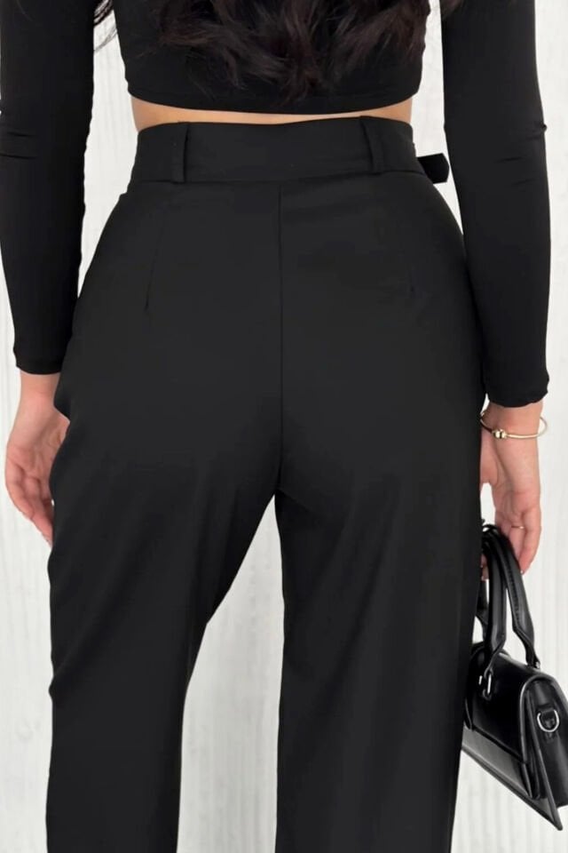 Kadın Yan Kemerli Toka Detaylı Baggy Kumaş Pantolon XL - SİYAH