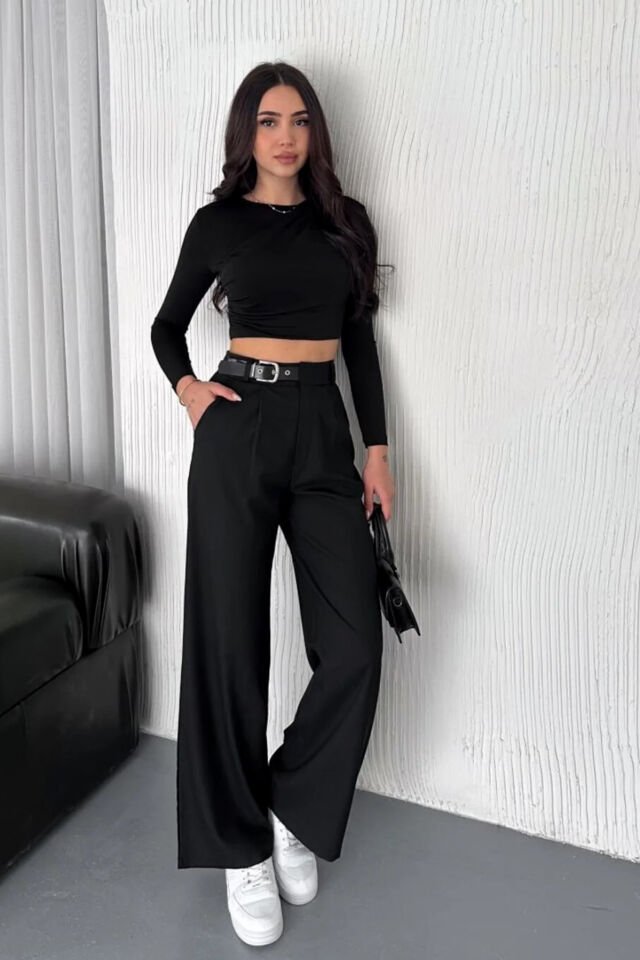 Kadın Yan Kemerli Toka Detaylı Baggy Kumaş Pantolon XL - SİYAH