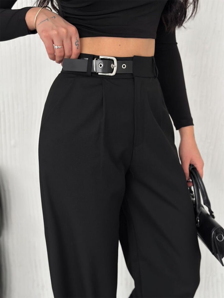 Kadın Yan Kemerli Toka Detaylı Baggy Kumaş Pantolon 2492 XL - SİYAH