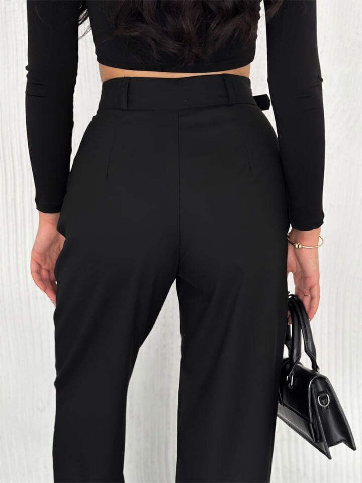 Kadın Yan Kemerli Toka Detaylı Baggy Kumaş Pantolon 2492 XL - SİYAH