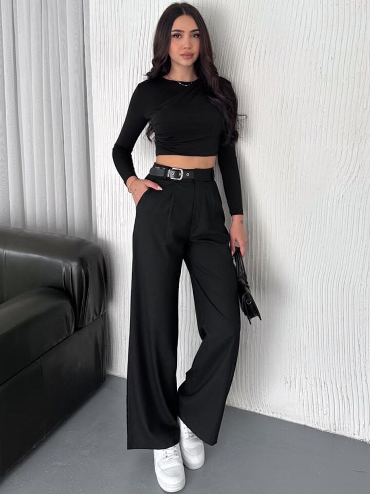 Kadın Yan Kemerli Toka Detaylı Baggy Kumaş Pantolon 2492 XL - SİYAH