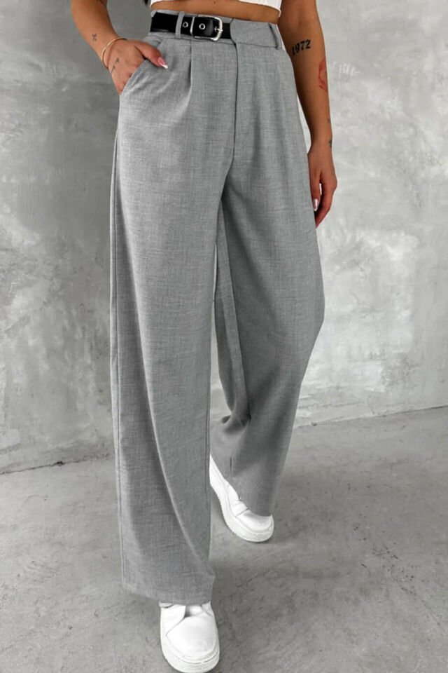 Kadın Yan Kemerli Toka Detaylı Baggy Kumaş Pantolon 2492 S - AÇIK GRİ