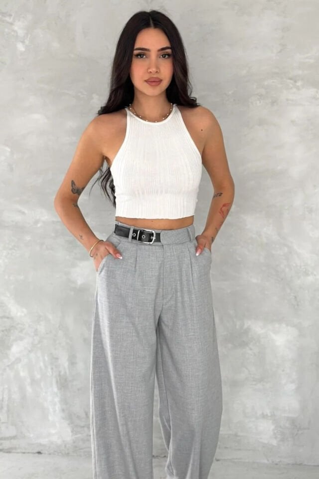 Kadın Yan Kemerli Toka Detaylı Baggy Kumaş Pantolon 2492 M - AÇIK GRİ