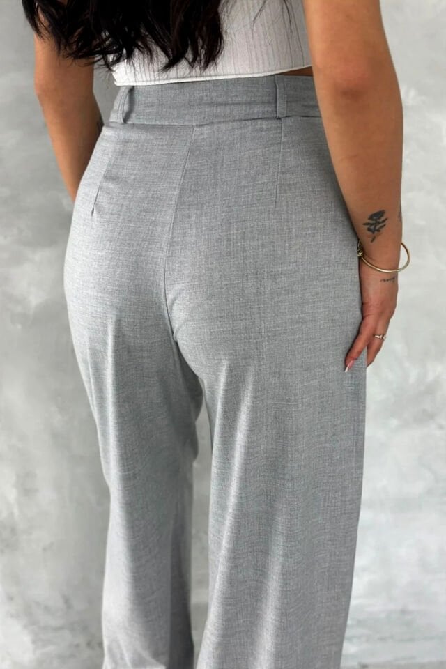 Kadın Yan Kemerli Toka Detaylı Baggy Kumaş Pantolon 2492 L - AÇIK GRİ
