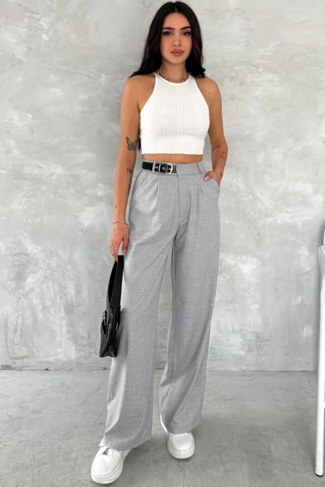 Kadın Yan Kemerli Toka Detaylı Baggy Kumaş Pantolon 2492 L - AÇIK GRİ