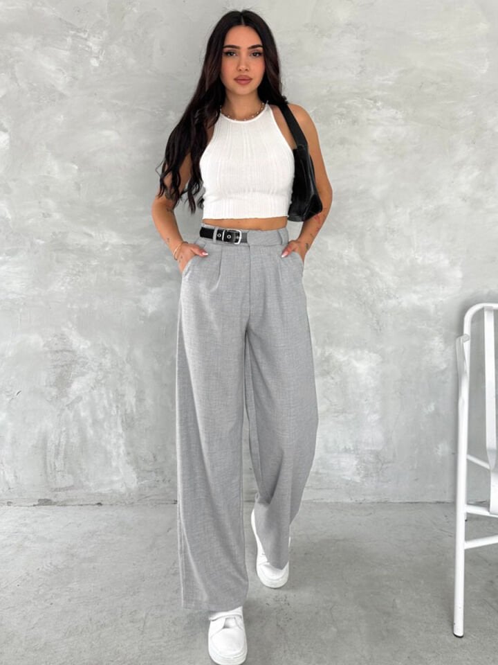 Kadın Yan Kemerli Toka Detaylı Baggy Kumaş Pantolon 2492 XL - AÇIK GRİ