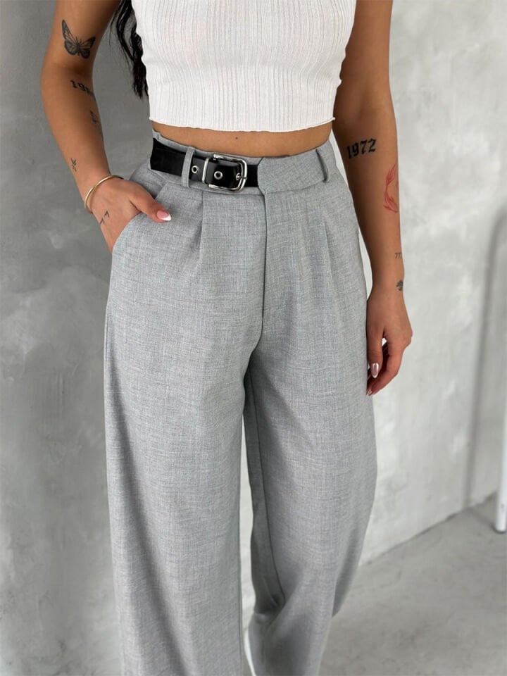 Kadın Yan Kemerli Toka Detaylı Baggy Kumaş Pantolon 2492 XL - AÇIK GRİ
