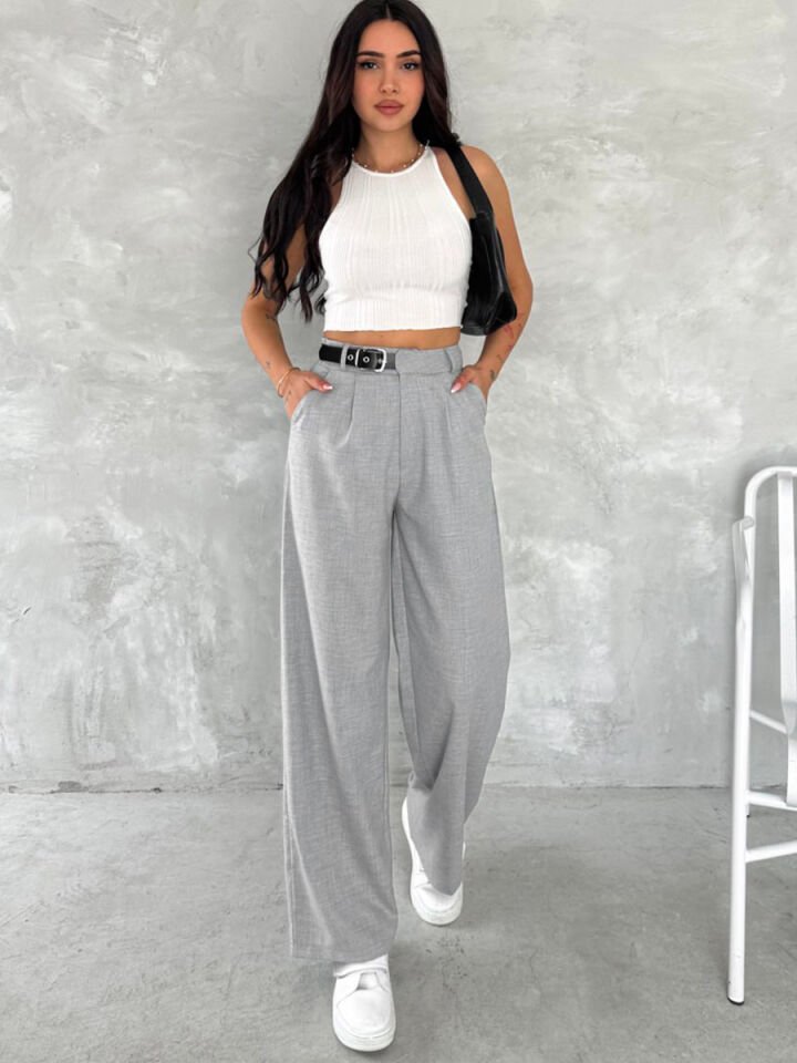 Kadın Yan Kemerli Toka Detaylı Baggy Kumaş Pantolon 2492 XL - AÇIK GRİ