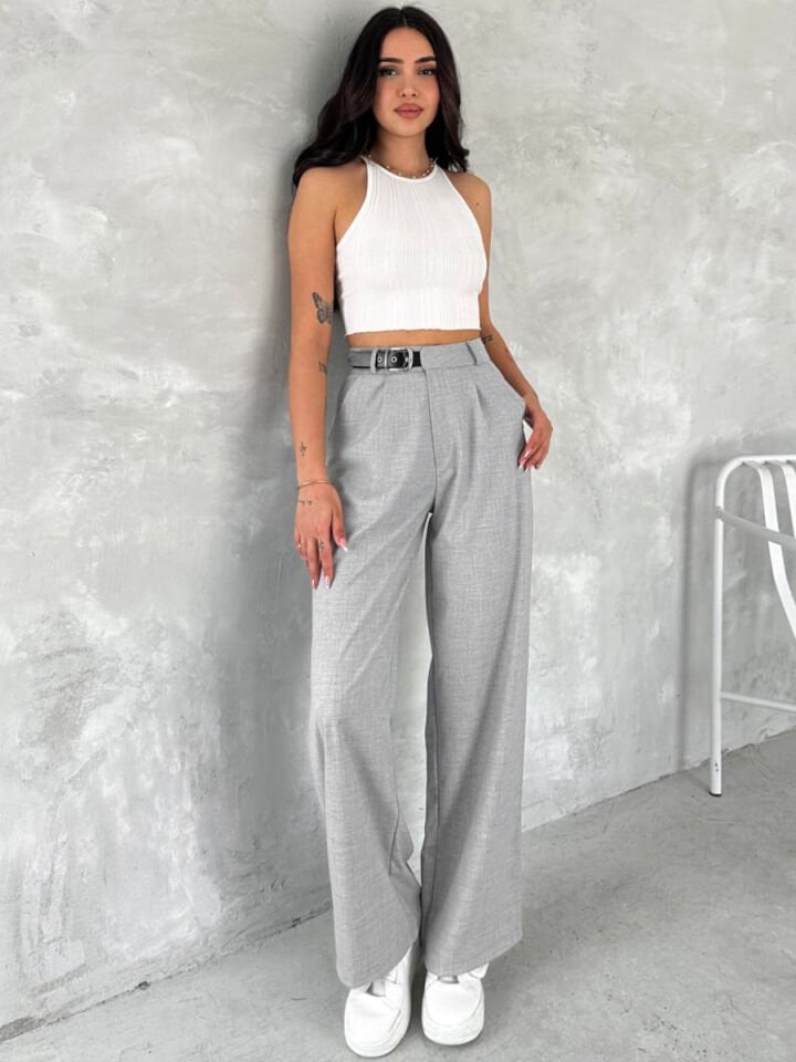 Kadın Yan Kemerli Toka Detaylı Baggy Kumaş Pantolon 2492 XL - AÇIK GRİ