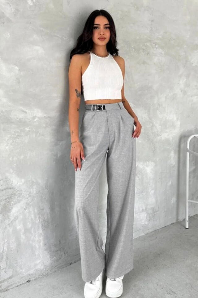 Kadın Yan Kemerli Toka Detaylı Baggy Kumaş Pantolon XL - AÇIK GRİ