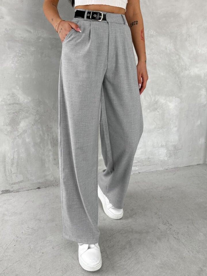 Kadın Yan Kemerli Toka Detaylı Baggy Kumaş Pantolon 2492 XL - AÇIK GRİ