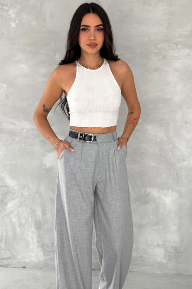 Kadın Yan Kemerli Toka Detaylı Baggy Kumaş Pantolon XL - AÇIK GRİ