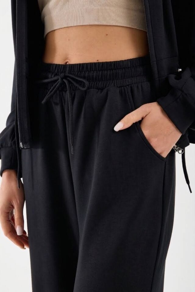 Kadın Modal Kumaş Fermuarlı Eşofman Takımı Bel Büzgülü Baggy Pantolon Rahat Spor Takım 1530 XL - SİYAH