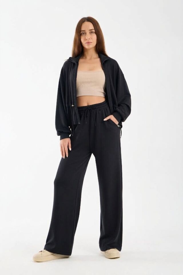 Kadın Modal Kumaş Fermuarlı Eşofman Takımı Bel Büzgülü Baggy Pantolon Rahat Spor Takım 1530 XL - SİYAH