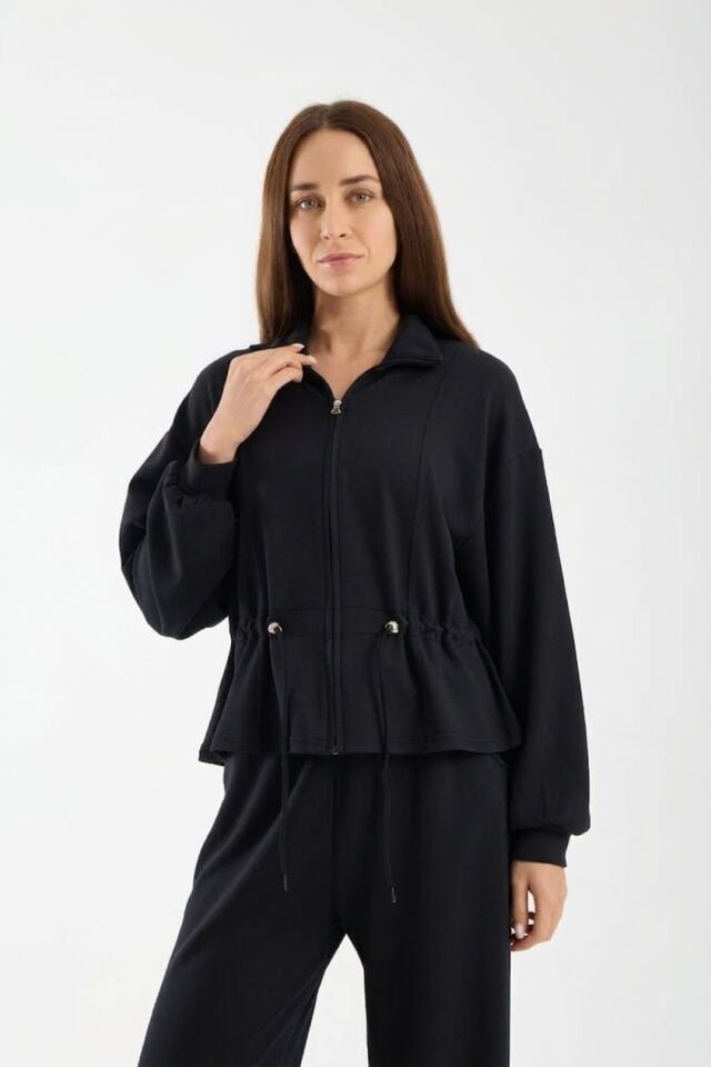 Kadın Modal Kumaş Fermuarlı Eşofman Takımı Bel Büzgülü Baggy Pantolon Rahat Spor Takım 1530 XL - SİYAH