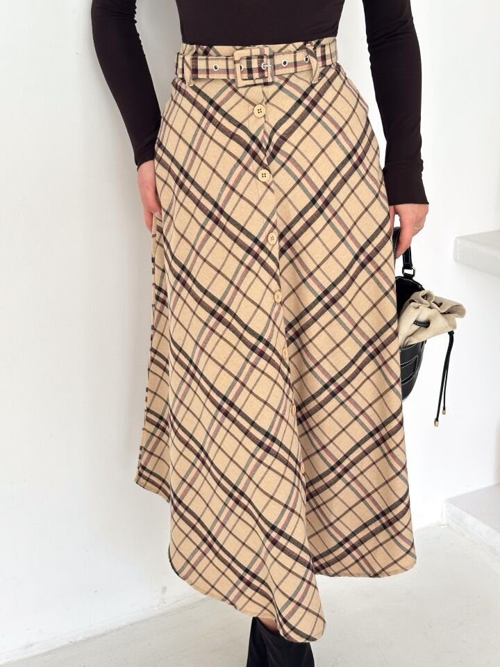 Kadın Önden Düğmeli Ekose Desenli Klasik Kesim Çan Etek 2608 L - EKOSE DESNELİ 1