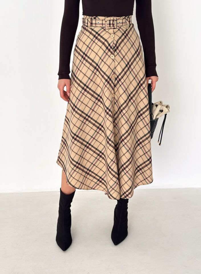 Kadın Önden Düğmeli Ekose Desenli Klasik Kesim Çan Etek 2608 L - EKOSE DESNELİ 1