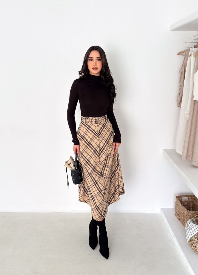 Kadın Önden Düğmeli Ekose Desenli Klasik Kesim Çan Etek 2608 L - EKOSE DESNELİ 1