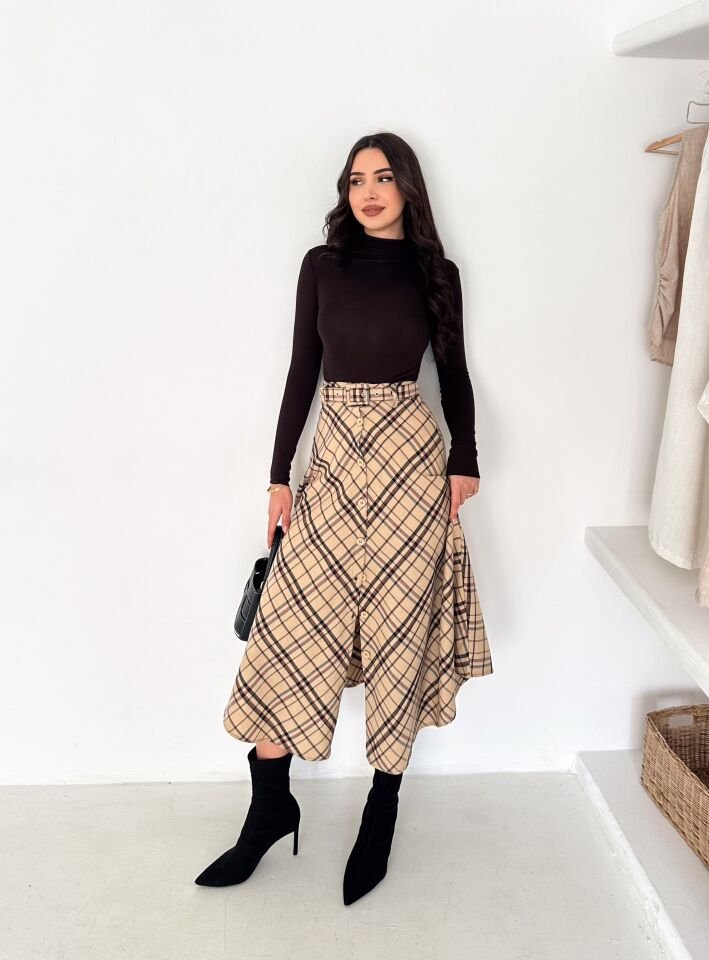 Kadın Önden Düğmeli Ekose Desenli Klasik Kesim Çan Etek 2608 L - EKOSE DESNELİ 1